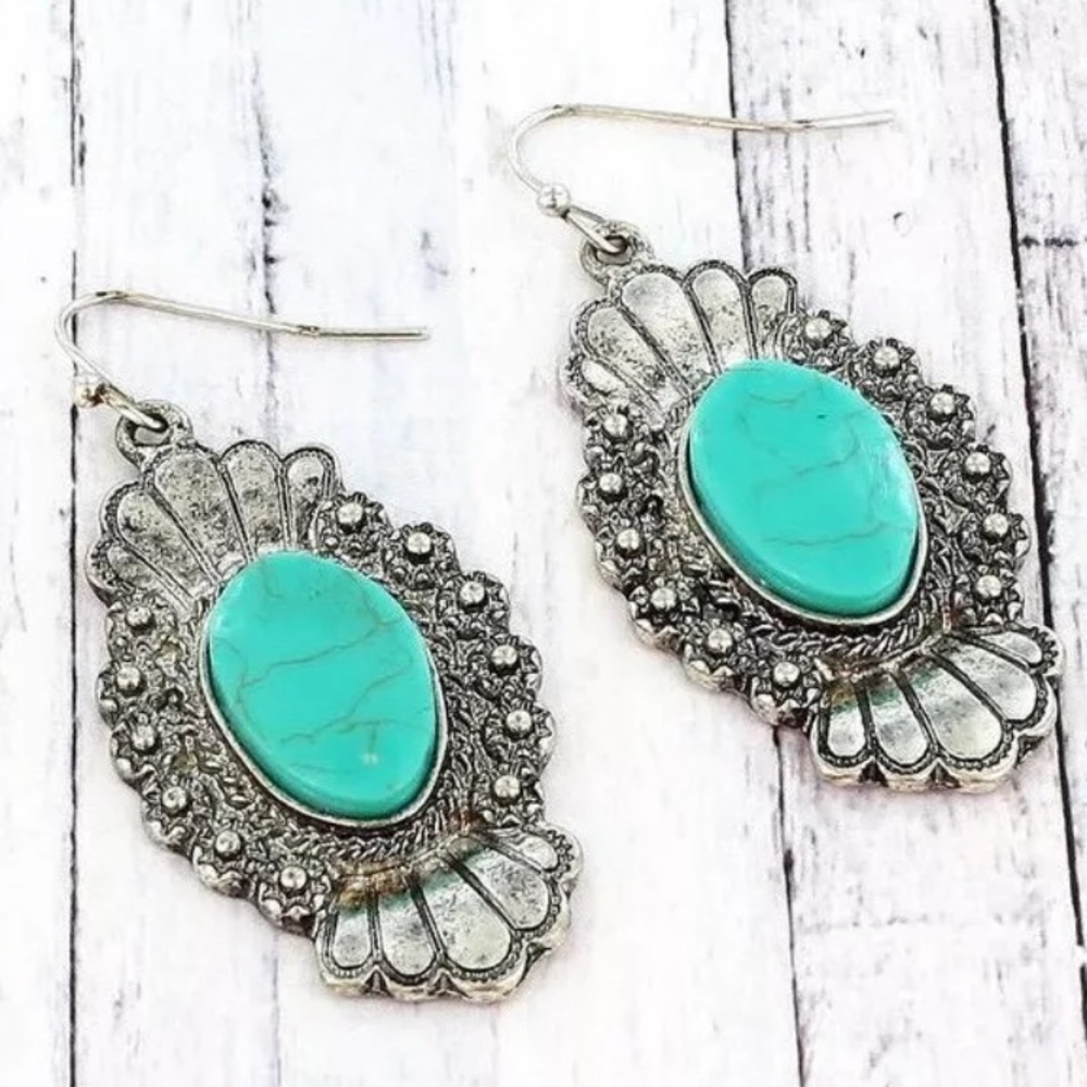 Turquoise silver tone antique dangle earrings